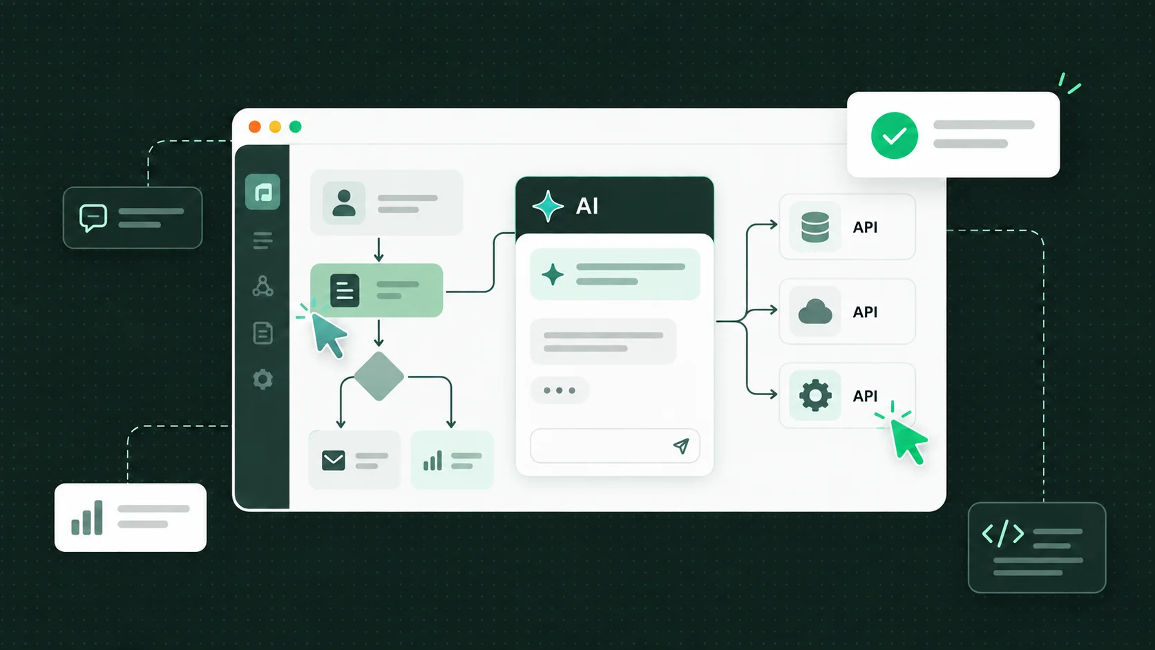 Collaborative software workspace defining a business workflow with an AI assistant and API connections