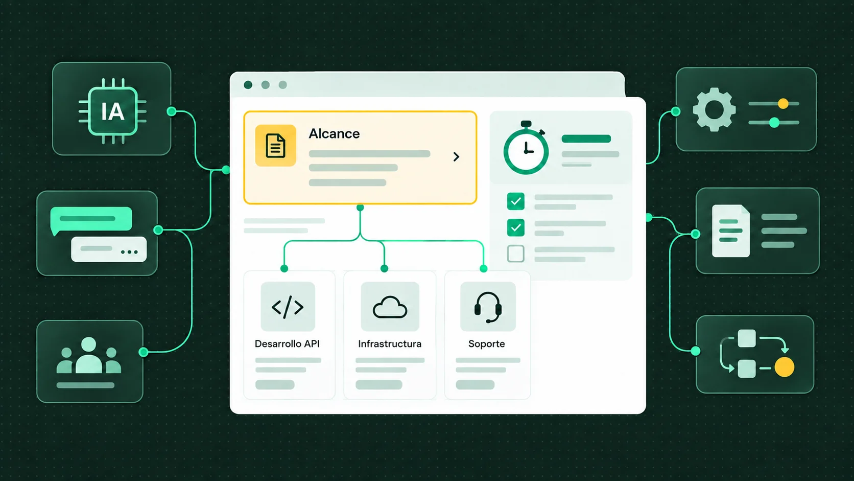 Panel de planificación de una integración de IA con desarrollo, infraestructura y soporte