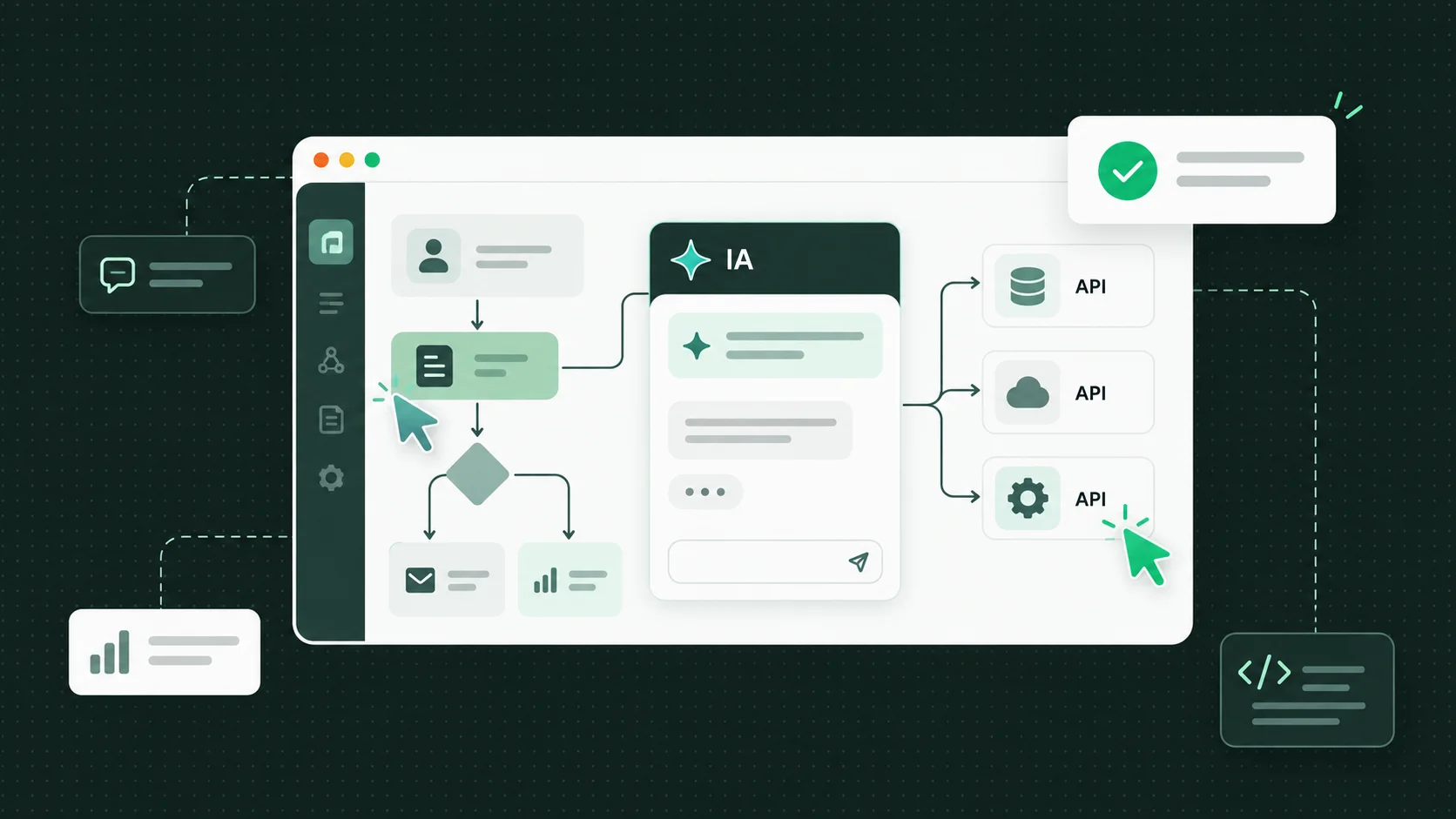 Espacio colaborativo para definir un flujo de trabajo con asistentes de IA y conexiones API